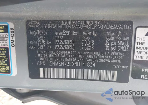 2008 Hyundai Santa Fe Limited/Se z USA, uszkodzony, nr VIN 5NMSH73EX8H141834